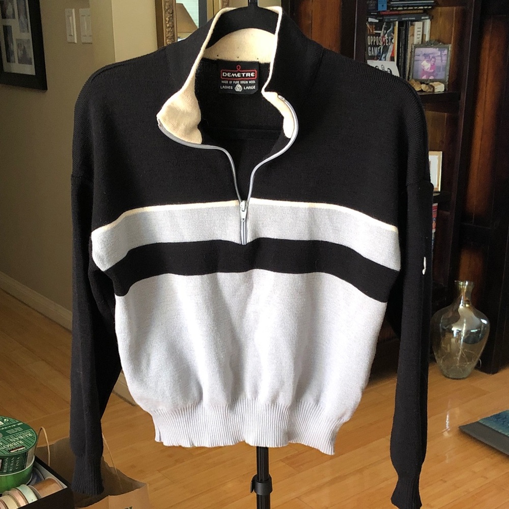 Demetre VINTAGE Black and Grey Striped Zip-Up SKI Sweater